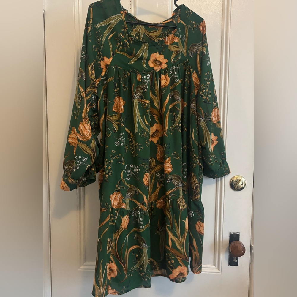 Floral Green Dress with Orange Accents